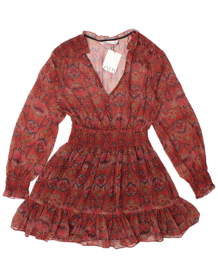 ZARA Γυναικείο See Through Μακρυμάνικο Τοπ UK 8 Small Red Floral