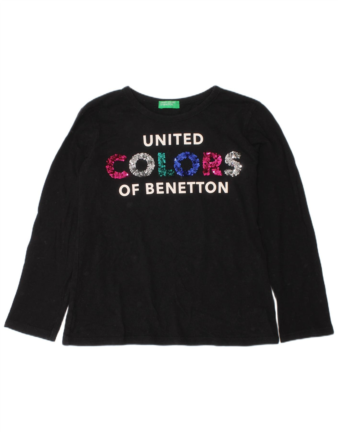 BENETTON Girls Graphic Top Μακρυμάνικο 6-7 ετών Μικρό μαύρο βαμβακερό