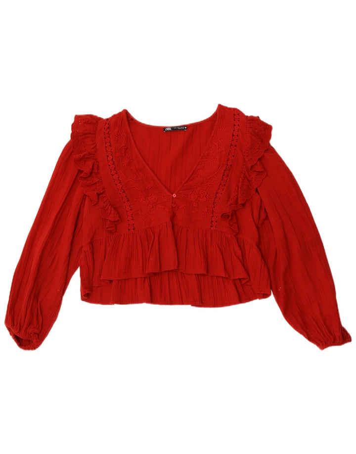 Zara Γυναικεία μακρυμάνικη μπλούζα τοπ UK 10 Small Red Polyester