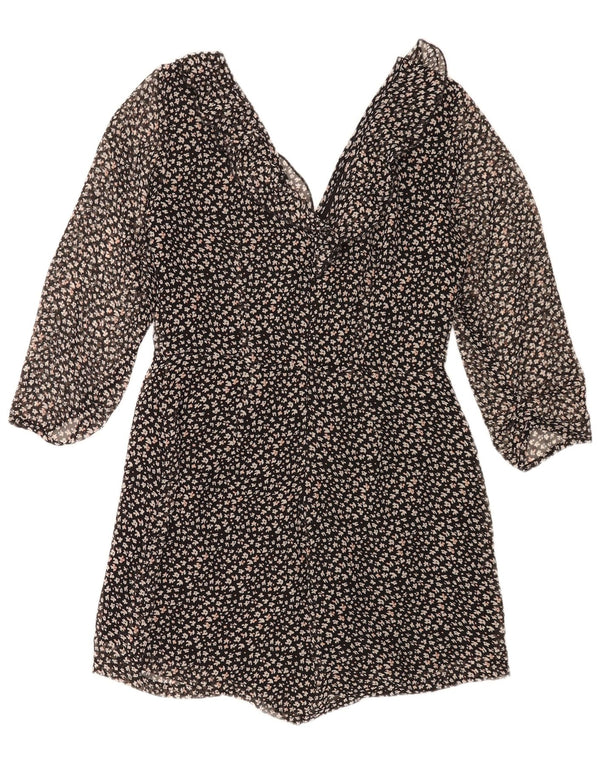 Zara γυναικεία 3/4 μανίκια Playsuit UK 14 Large Black Floral Polyester