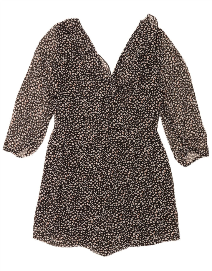 Zara γυναικεία 3/4 μανίκια Playsuit UK 14 Large Black Floral Polyester