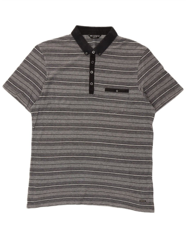 MARKS & SPENCER Mens Autograph Slim Fit Polo Shirt Large Grey Striped