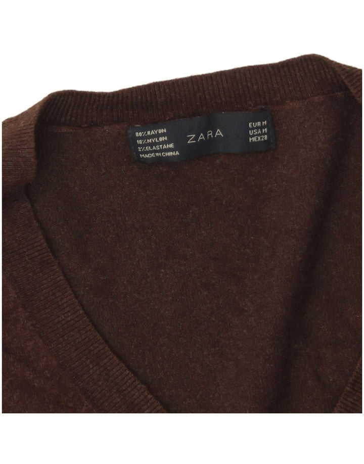 Zara Γυναικείο πουλόβερ με V λαιμόκοψη UK 12 Medium Brown Rayon