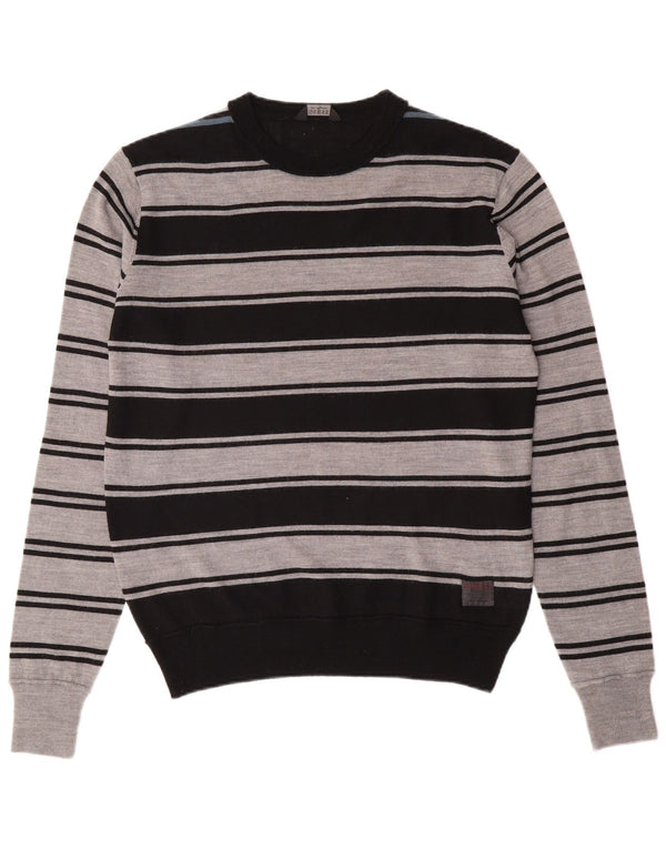 GUESS Mens Crew Neck Jumper Sweater Medium Black Striped Acrylic