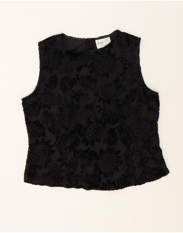 Vintage γυναικεία αμάνικη μπλούζα Crop Top UK 14 Medium Black Floral
