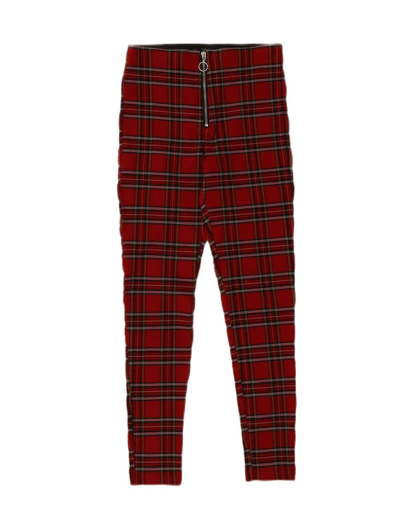 Zara Womens Skinny Casual Trousers Small W26 L26 Red Plaid Viscose