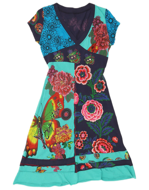 Vintage γυναικείο γραφικό φόρεμα A-line UK 10 Small Navy Blue Floral βαμβακερό