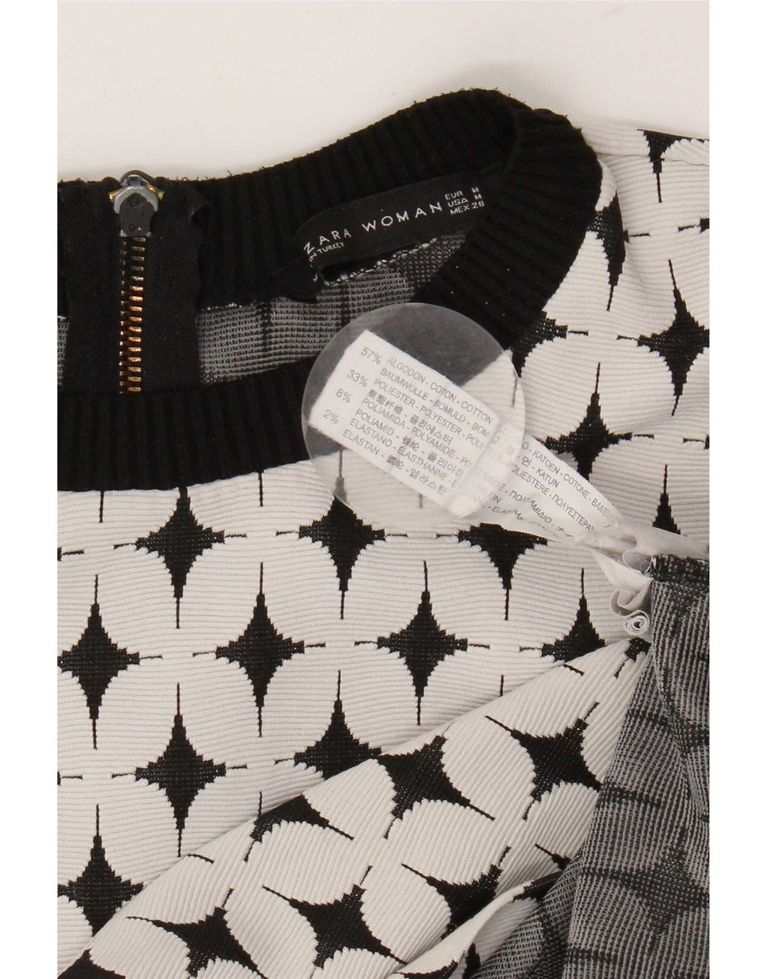 Zara Γυναικείο Abstract Pattern Φόρεμα A-Line UK 12 μεσαίο λευκό βαμβακερό