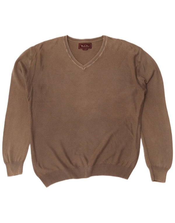 Marlboro Classics Mens V-Neck Jumper Sweater XL Khaki Striped