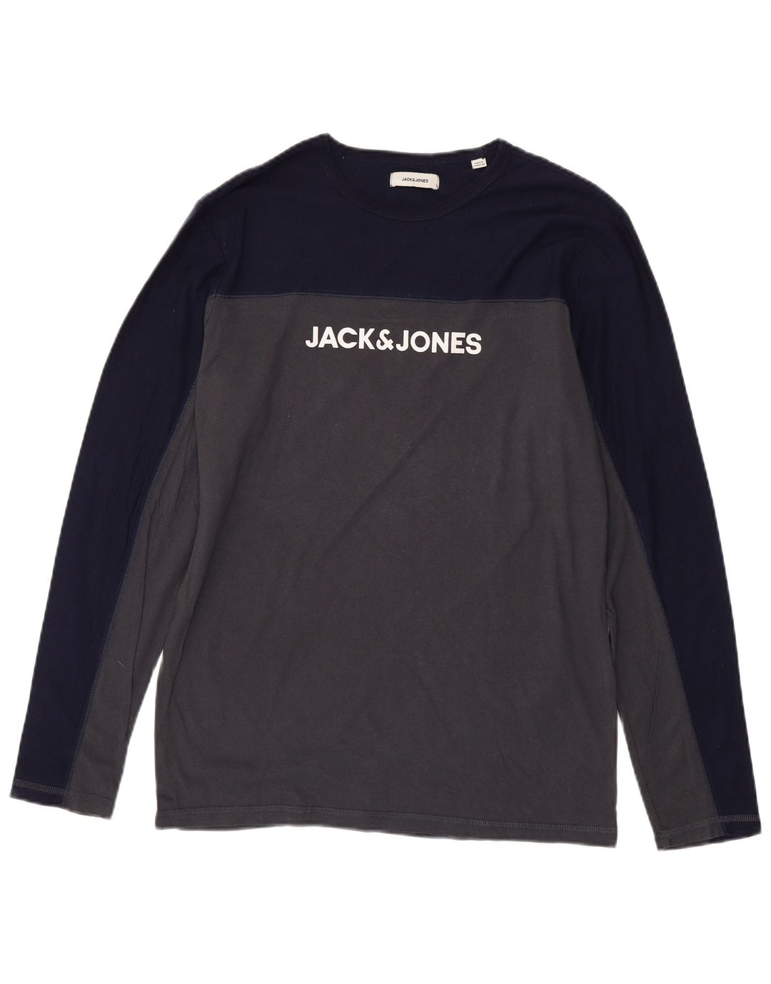 JACK & JONES Mens Graphic Top Long Sleeve Large Grey Colourblock Cotton
