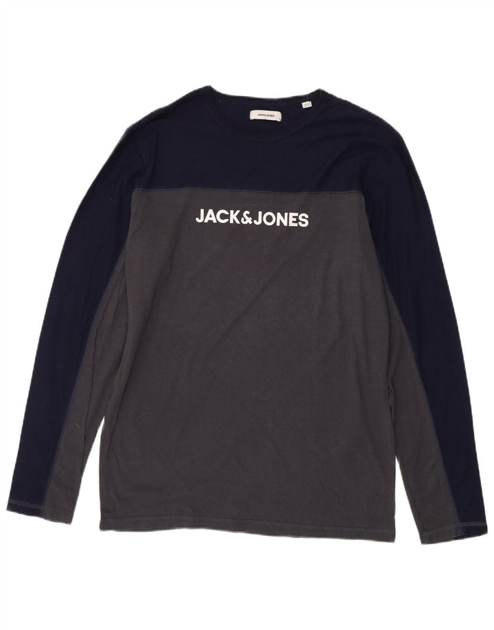 JACK & JONES Mens Graphic Top Long Sleeve Large Grey Colourblock Cotton