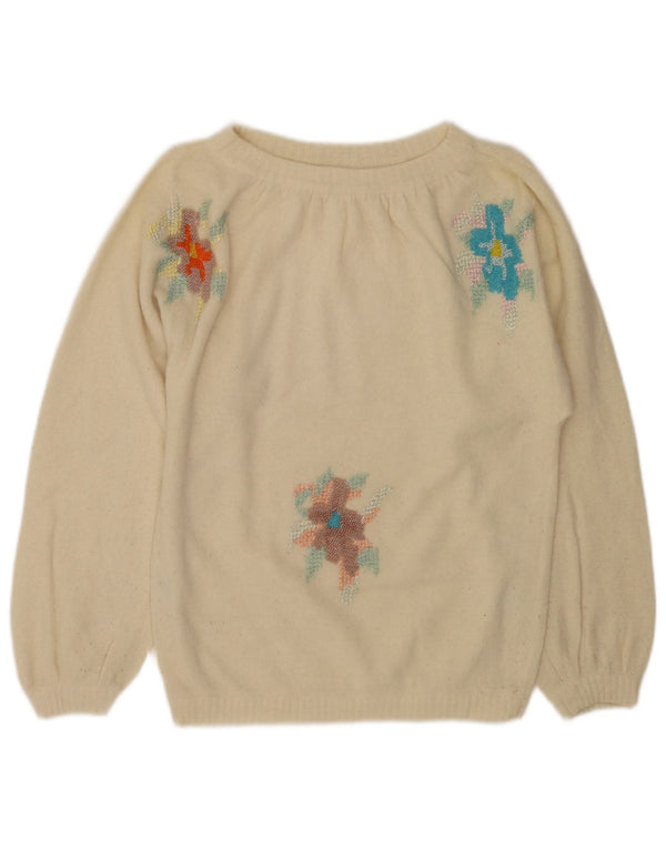 Vintage γυναικείο πουλόβερ με λαιμόκαυστο UK 12 Medium Off White Floral