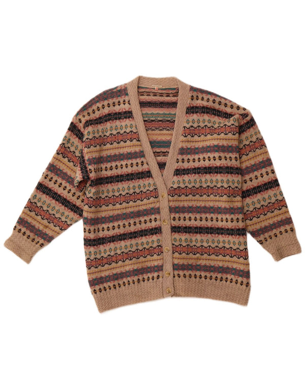 VINTAGE Womens Cardigan Sweater UK 14 Large Brown Fair Isle Wool