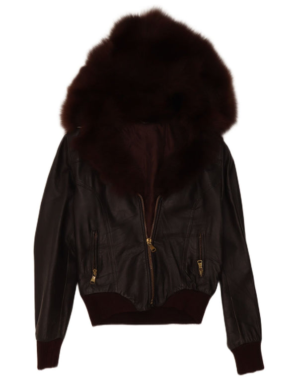 Vintage Γυναικείο Crop Hooded Δερμάτινο Μπουφάν IT 46 Large Brown Δερμάτινο