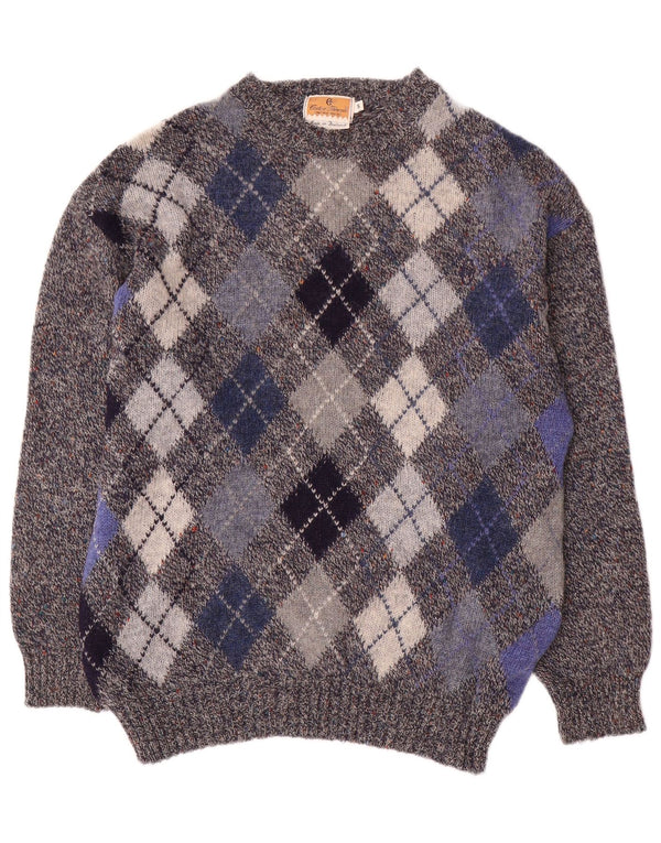 CONTE OF FLORENCE Mens Crew Neck Jumper Sweater Small Grey Argyle/Diamond