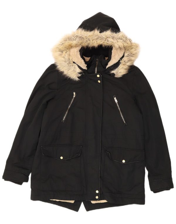 ZARA Γυναικείο Trafaluc Hooded Sherpa Parka Jacket UK 14 Medium Black