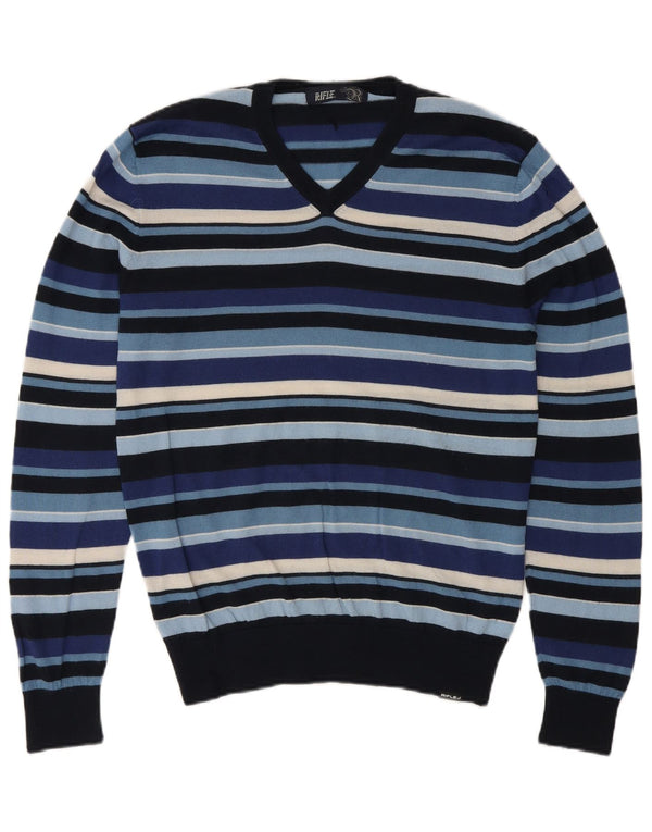 Rifle Mens V-Neck Jumper Sweater Medium Navy Blue Striped Wool