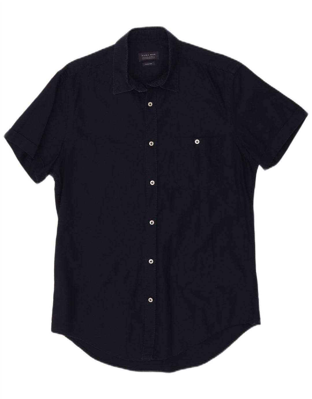 ZARA Mens Slim Fit Short Sleeve Shirt Medium Navy Blue Cotton