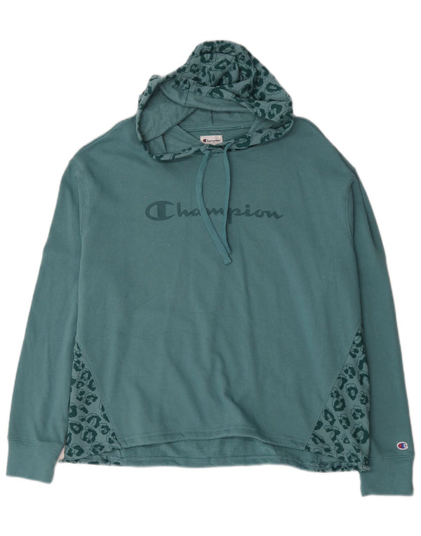 Champion Womens Graphic Hoodie Jumper UK 16 Large Blue Animal Print