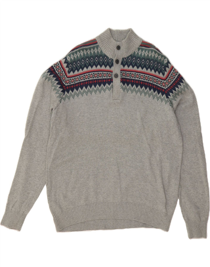 IZOD Mens Button Neck Jumper Sweater XL Grey Fair Isle Cotton Vintage Izod and Second-Hand Izod from Messina Hembry 