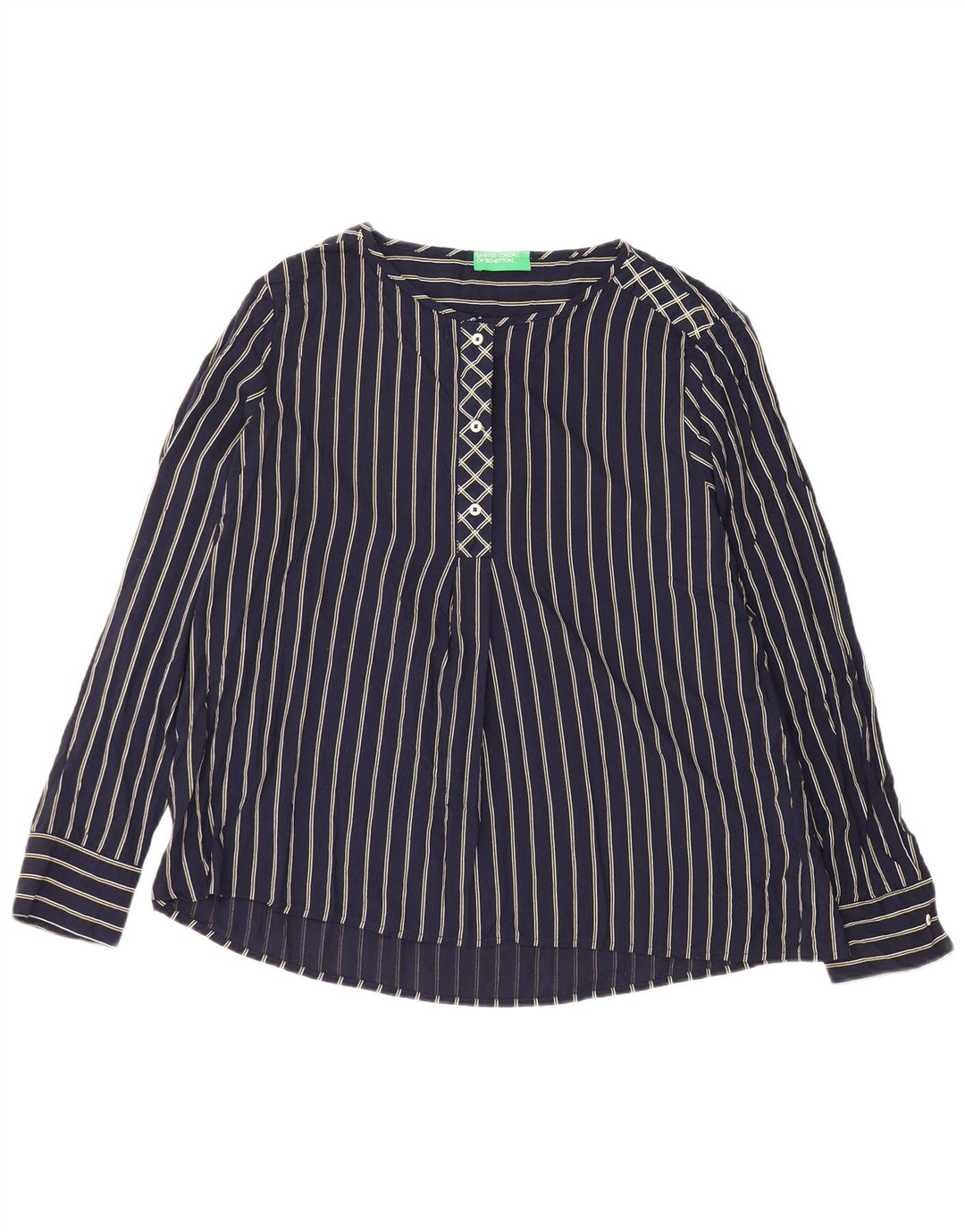 BENETTON Γυναικεία μακρυμάνικη μπλούζα τοπ UK 16 Large Navy Blue Pinstripe