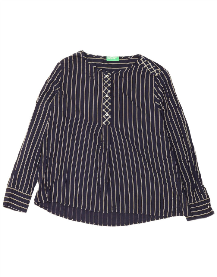 BENETTON Γυναικεία μακρυμάνικη μπλούζα τοπ UK 16 Large Navy Blue Pinstripe
