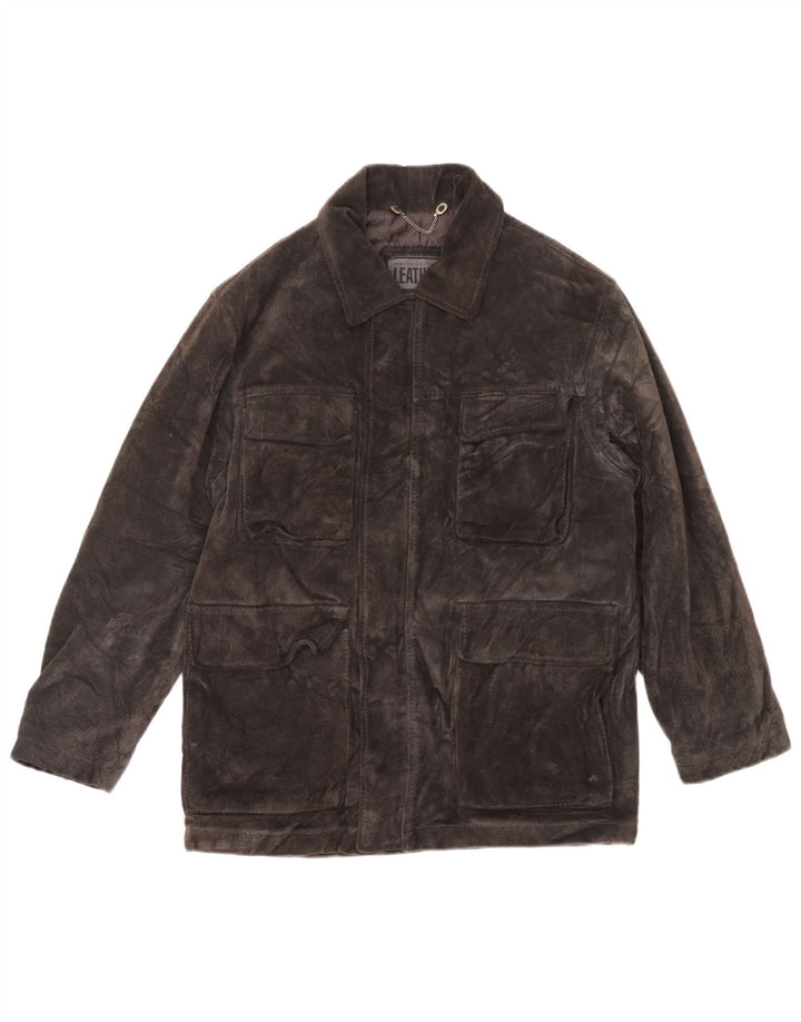 Vintage γυναικείο σουέτ υπερμεγέθη τζάκετ αντιανεμικό UK 10 Small Grey Leather