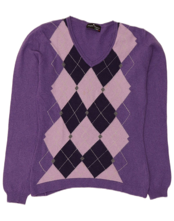 Vintage γυναικείο πουλόβερ με λαιμόκοψη UK 12 Medium Purple Argyle/Diamond