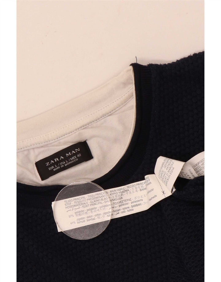 Zara Ανδρικό πουλόβερ με λαιμόκοψη μεγάλου μπλε ναυτικού πολυεστέρα