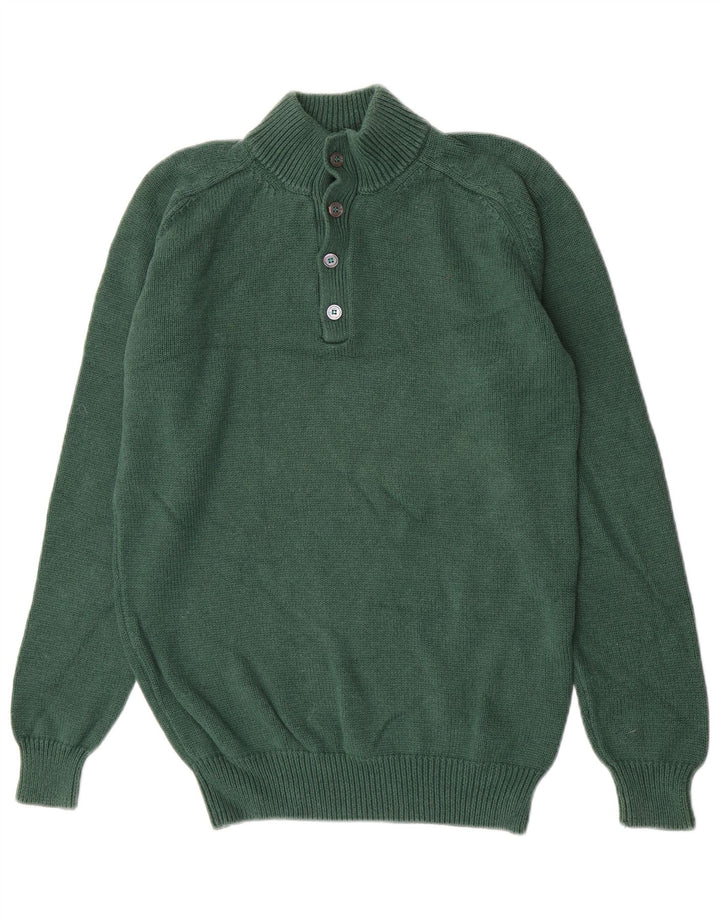 Massimo Dutti Ανδρικό πουλόβερ με λαιμό με κουμπιά, μεγάλο πράσινο βαμβακερό