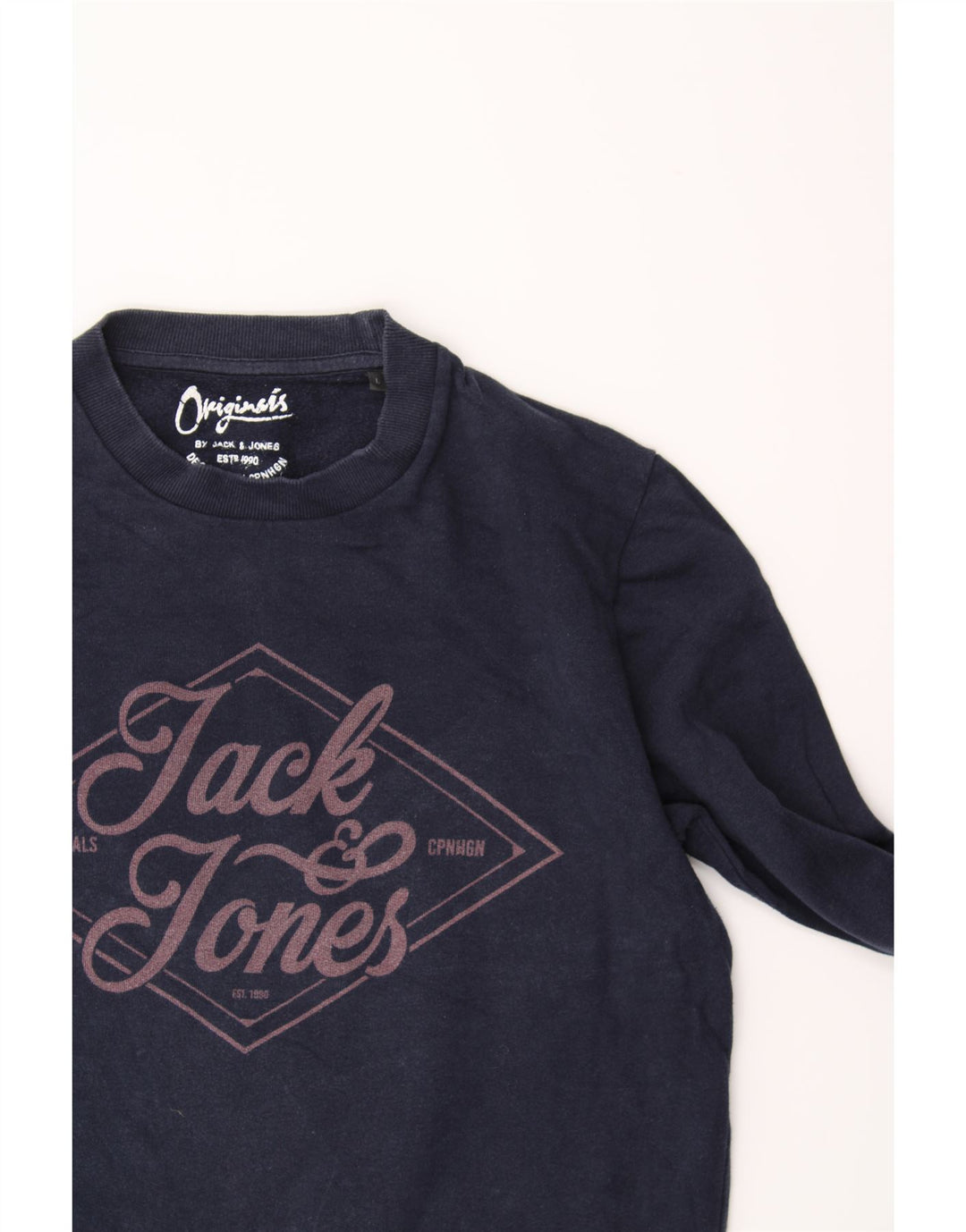 JACK & JONES Mens Graphic Sweatshirt Jumper Large Navy Blue Cotton Vintage Jack & Jones and Second-Hand Jack & Jones from Messina Hembry 