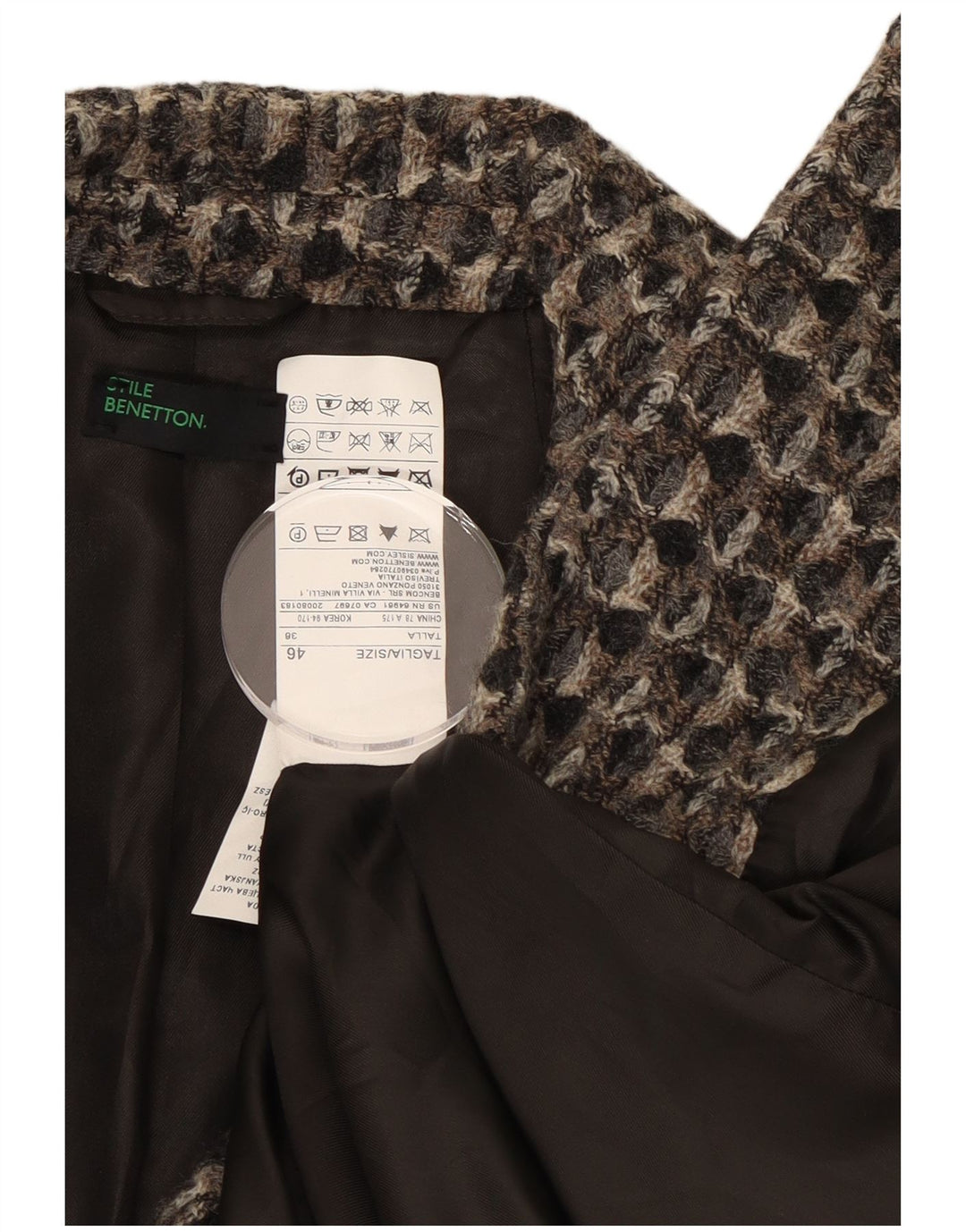 BENETTON Womens Overcoat IT 46 Large Grey Geometric Wool