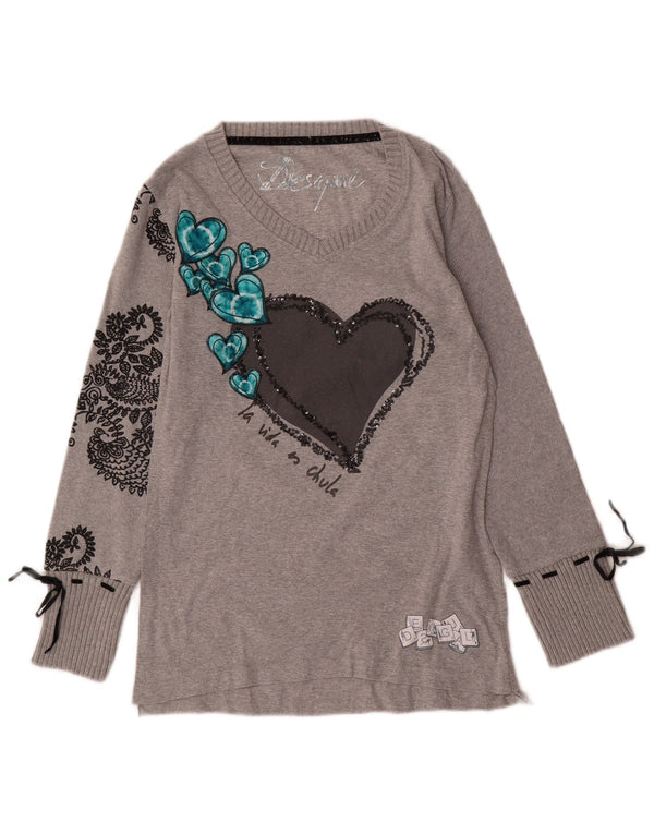 DESIGUAL Γυναικείο μακρυμάνικο τοπ με γραφικά UK 14 Large Grey Paisley Heart
