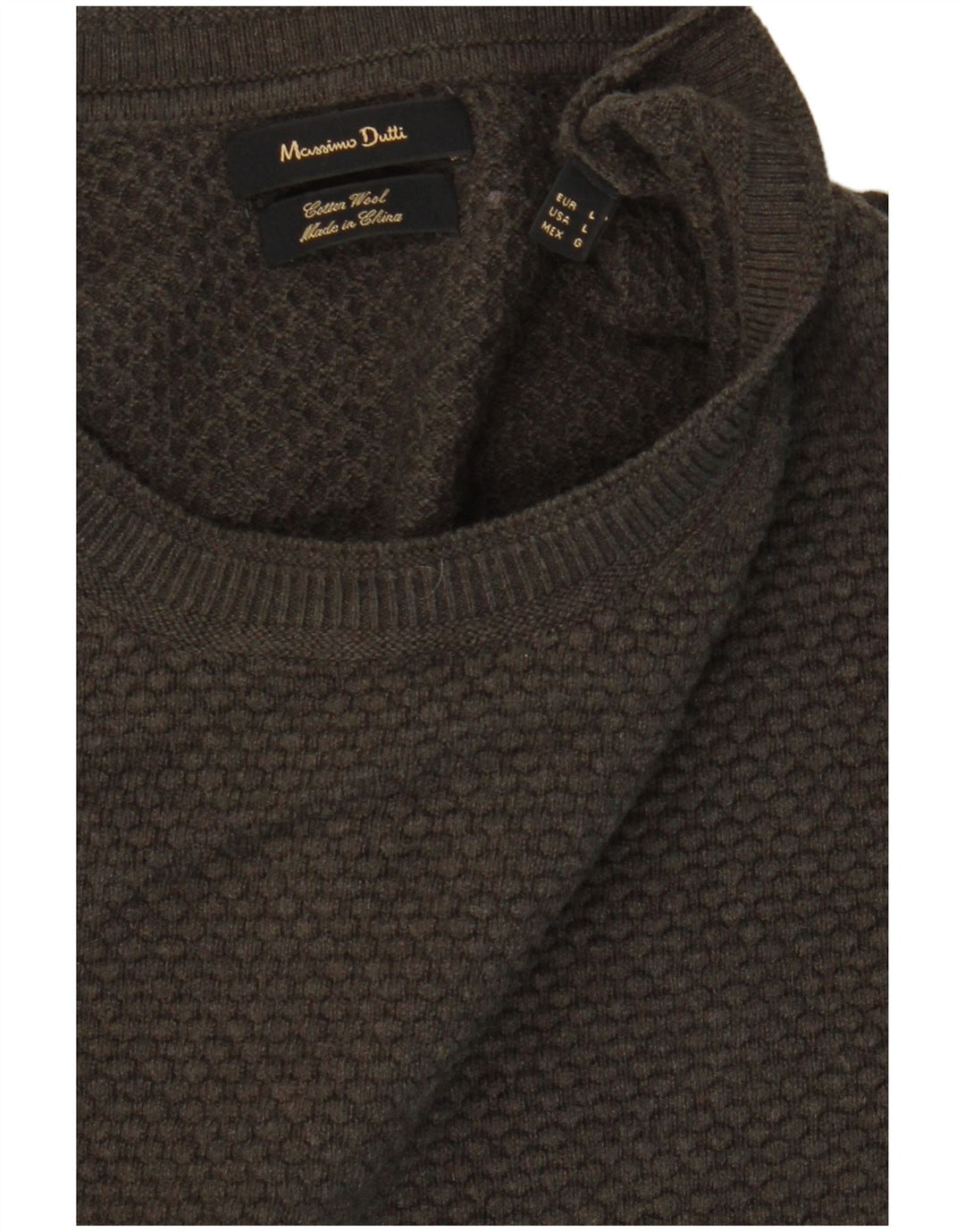 MASSIMO DUTTI Ανδρικό πουλόβερ με λαιμόκοψη, μεγάλο βαμβακερό χακί