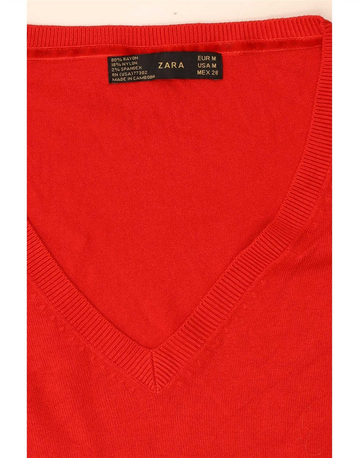 Zara Γυναικείο πουλόβερ με V λαιμόκοψη UK 12 Medium Red Rayon