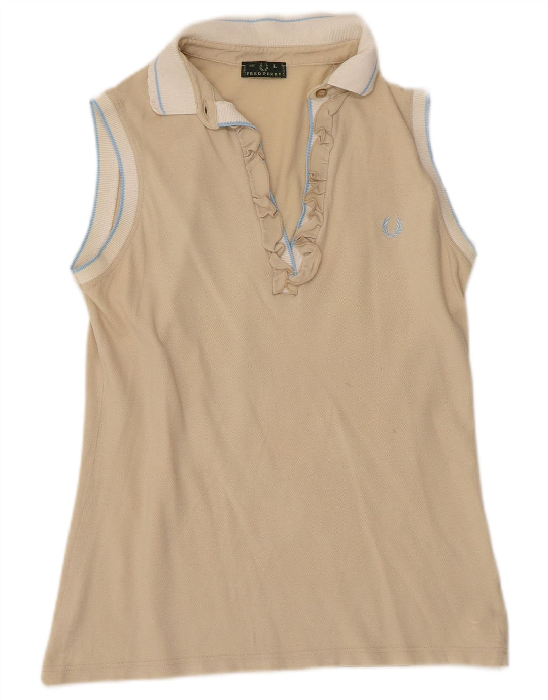 FRED PERRY Womens Ruffle Front Polo Shirt UK 14 Large Beige Colourblock