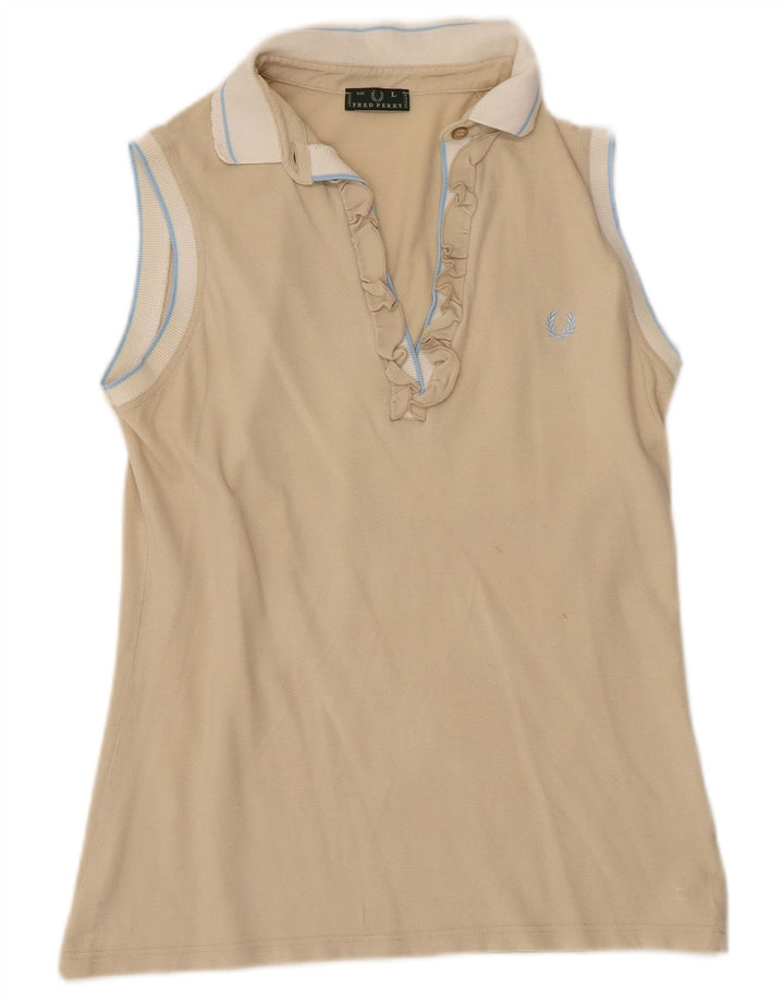 FRED PERRY Womens Ruffle Front Polo Shirt UK 14 Large Beige Colourblock