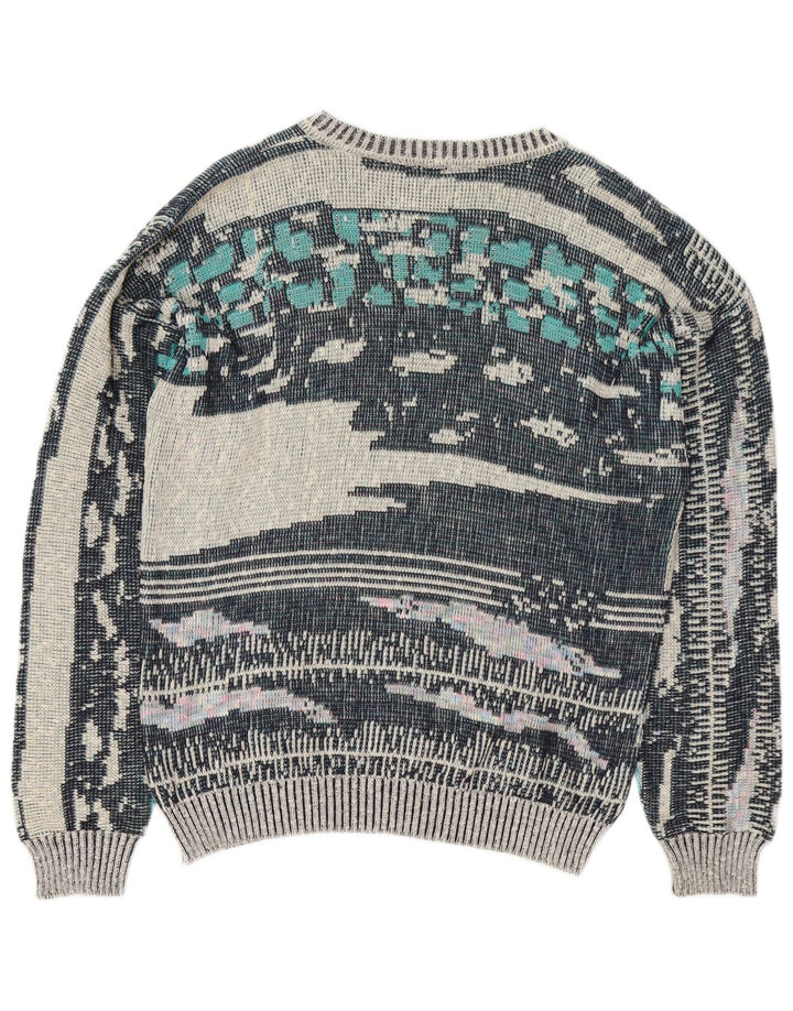 Vintage ανδρικό Abstract Pattern πουλόβερ με λαιμόκοψη μεσαίου μπλε