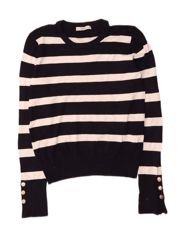 Zara Γυναικείο πουλόβερ με λαιμόκοψη UK 14 Large Μαύρο ριγέ