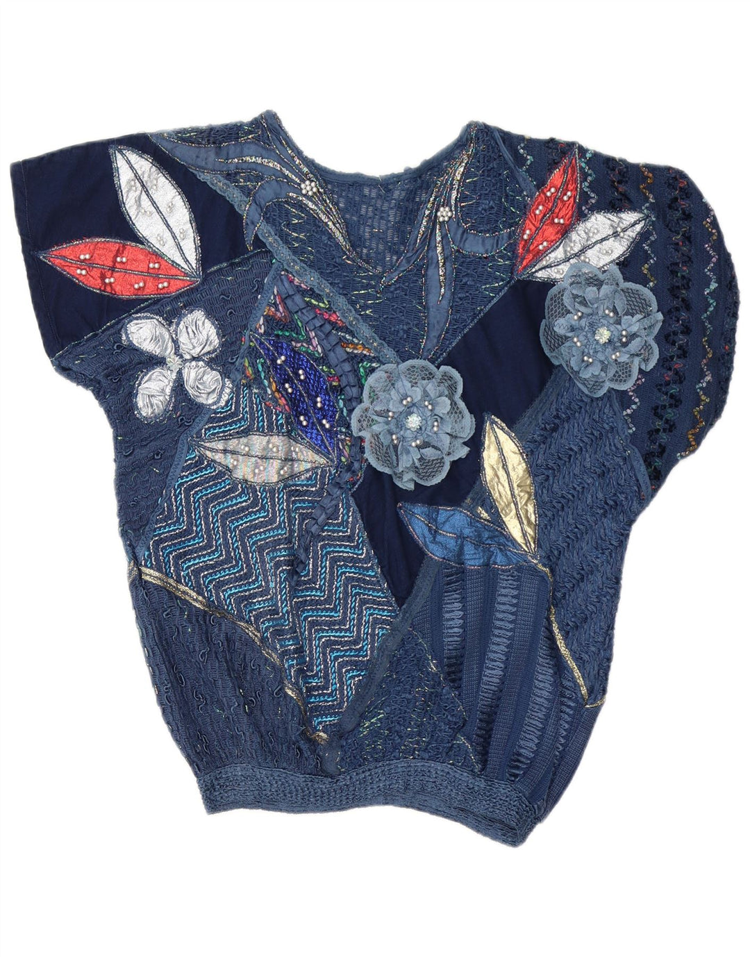 Vintage γυναικεία μπλούζα τοπ UK 16 Large Navy Blue Patchwork