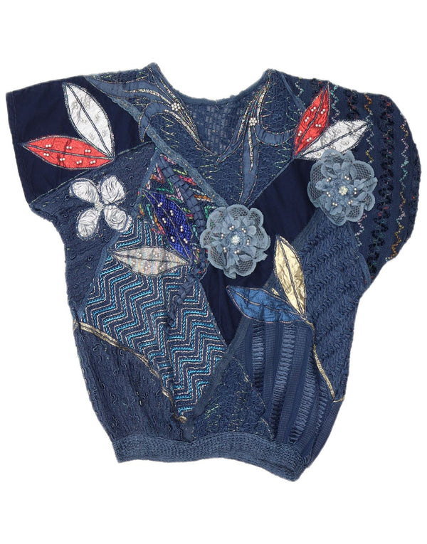 Vintage γυναικεία μπλούζα τοπ UK 16 Large Navy Blue Patchwork