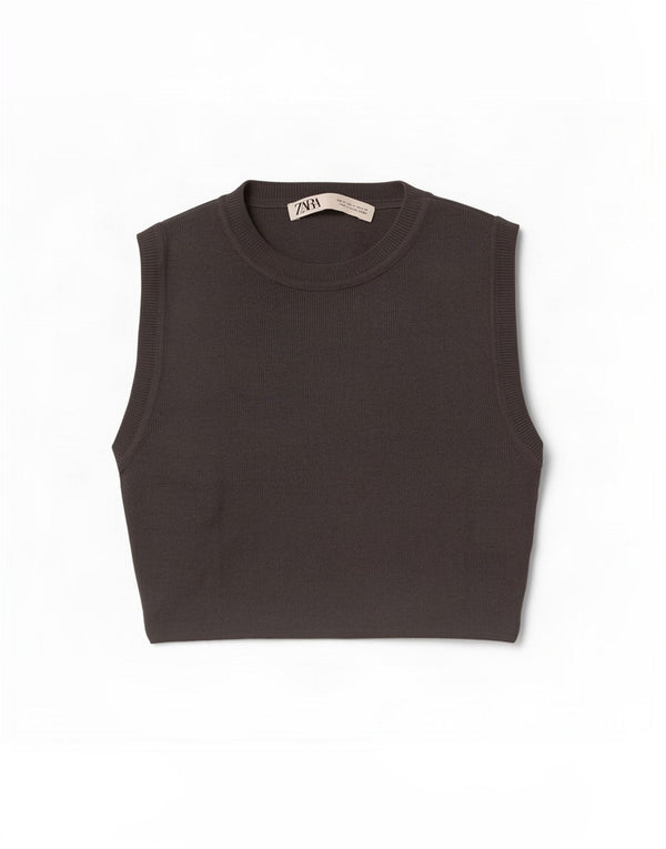 Zara Γυναικείο Crop Vest Top UK 12 Medium Grey Viscose