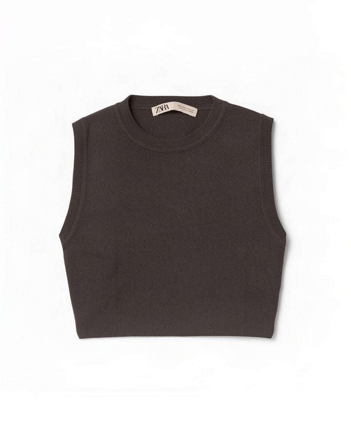Zara Γυναικείο Crop Vest Top UK 12 Medium Grey Viscose
