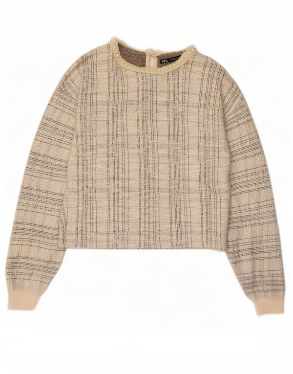 Zara Womens Crop Long Sleeve Blouse Top UK 10 Small Beige Check Polyester
