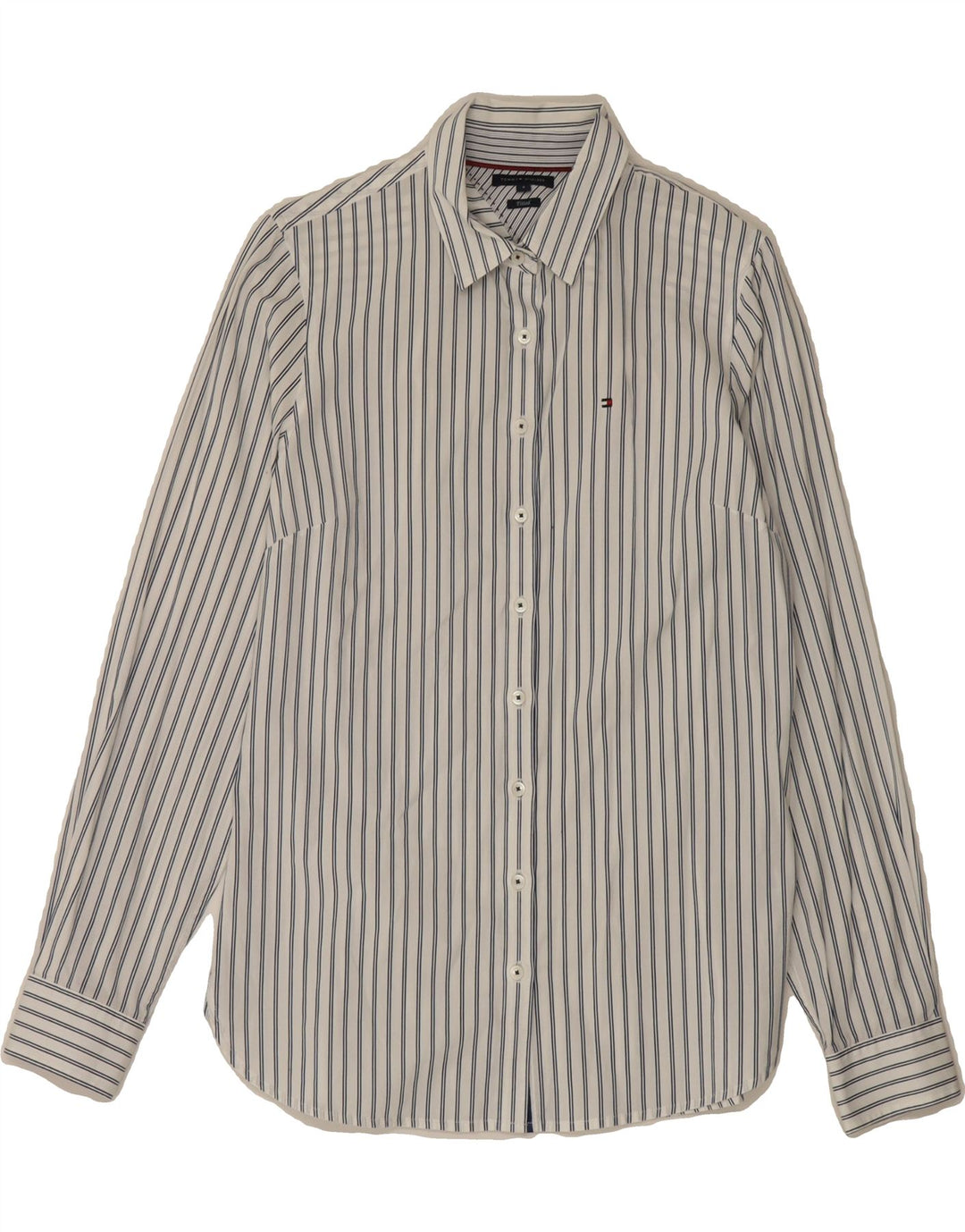 TOMMY HILFIGER Womens Fitted Shirt US 8 Medium White Pinstripe Cotton Vintage Tommy Hilfiger and Second-Hand Tommy Hilfiger from Messina Hembry 