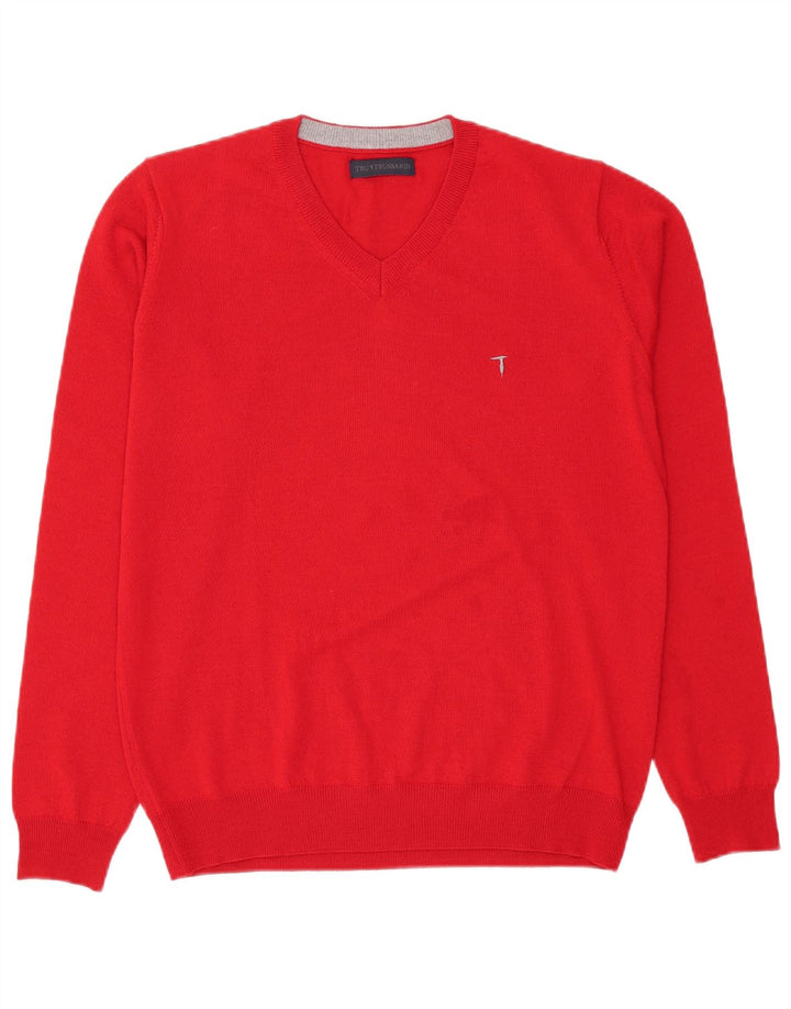 TRUSSARDI Mens V-Neck Jumper Sweater Large Red Wool