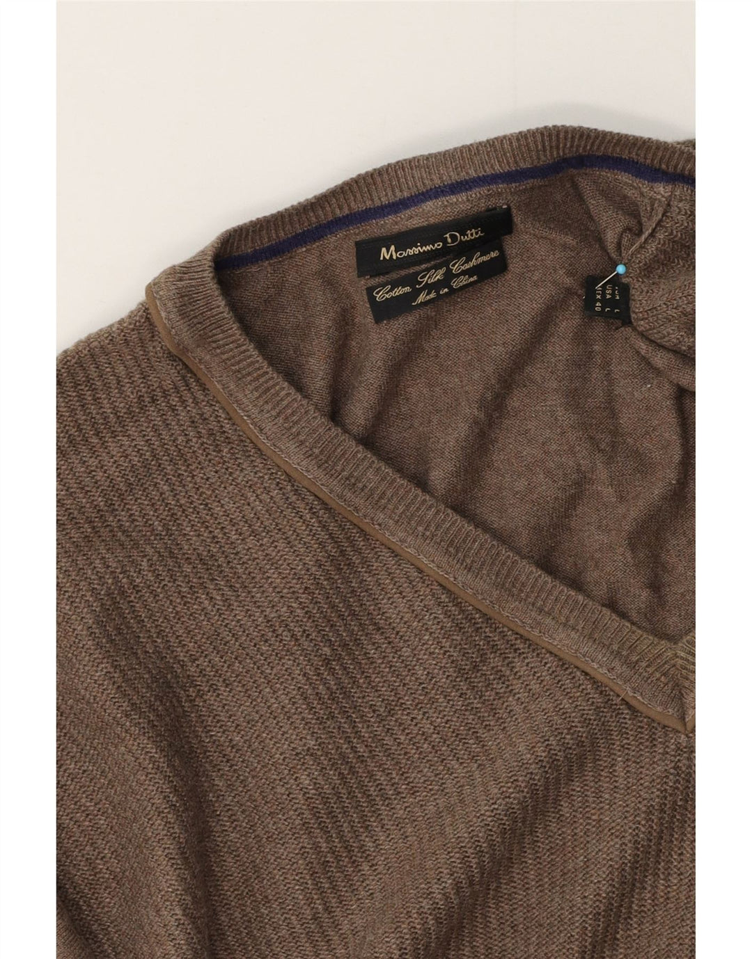 Ανδρικό πουλόβερ Massimo Dutti με V λαιμόκοψη, μεγάλο καφέ βαμβακερό