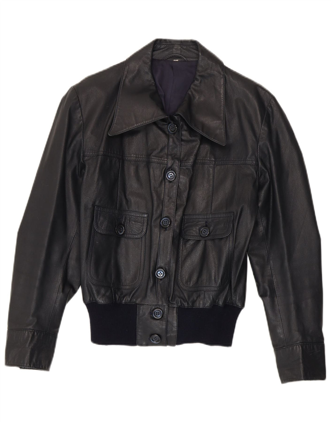 Vintage Γυναικείο Bomber Δερμάτινο Μπουφάν UK 14 Medium Navy Blue Leather