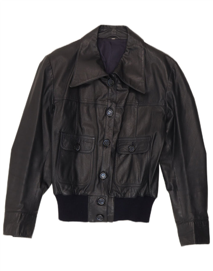 Vintage Γυναικείο Bomber Δερμάτινο Μπουφάν UK 14 Medium Navy Blue Leather