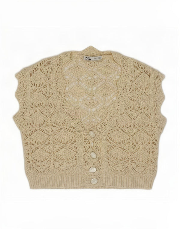 Zara Womens Crop Αμάνικο See Through Cardigan Top UK 14 Medium Off White